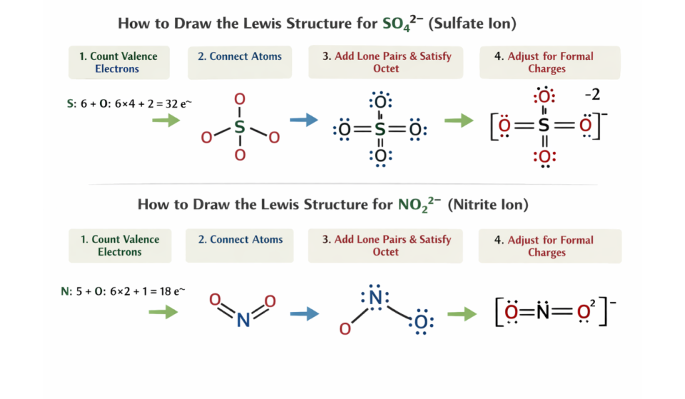 How to Draw Lewis Structure for SO₄²‾ and NO₂‾
